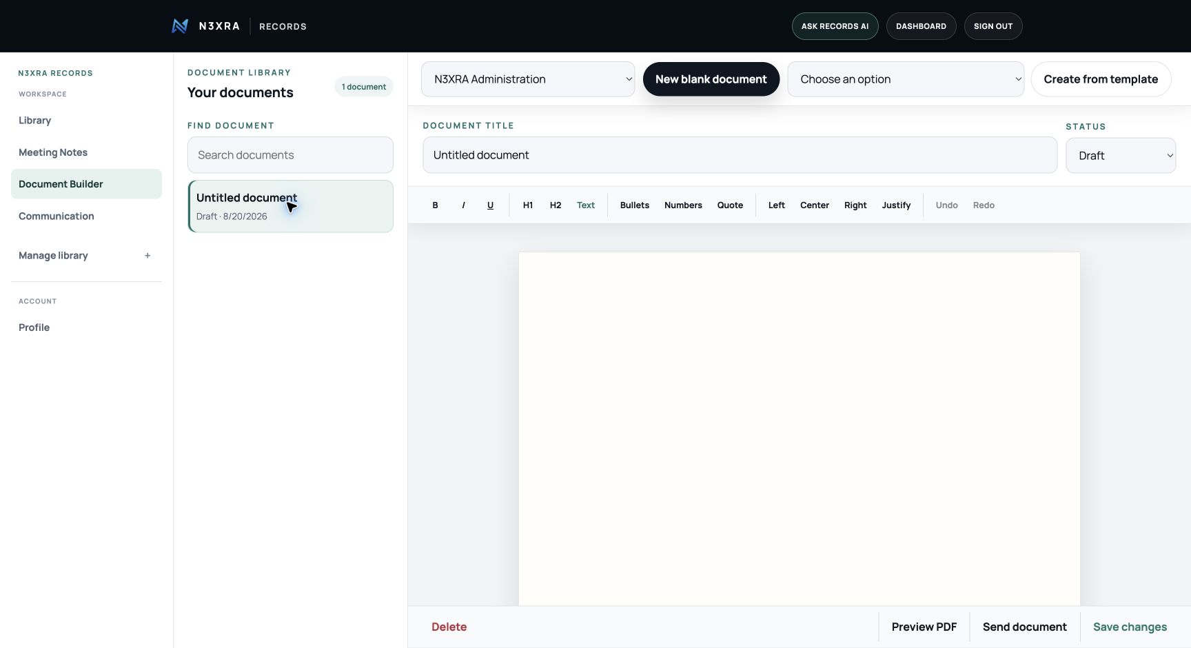 The live Document Builder with its document library, formatting toolbar, blank document, PDF preview, and sharing controls.