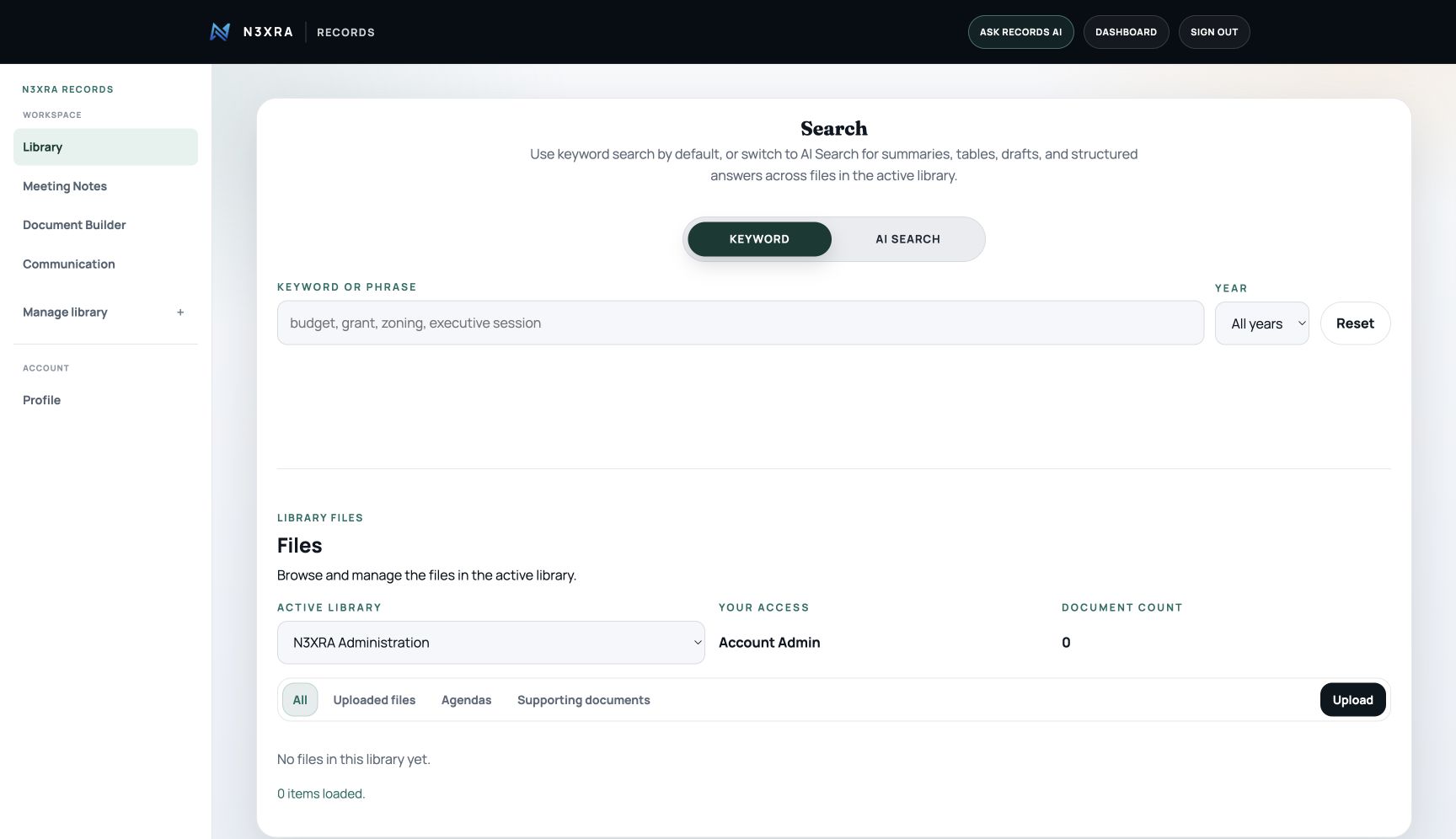 N3XRA Records Library showing keyword and AI search, library selection, and file controls.